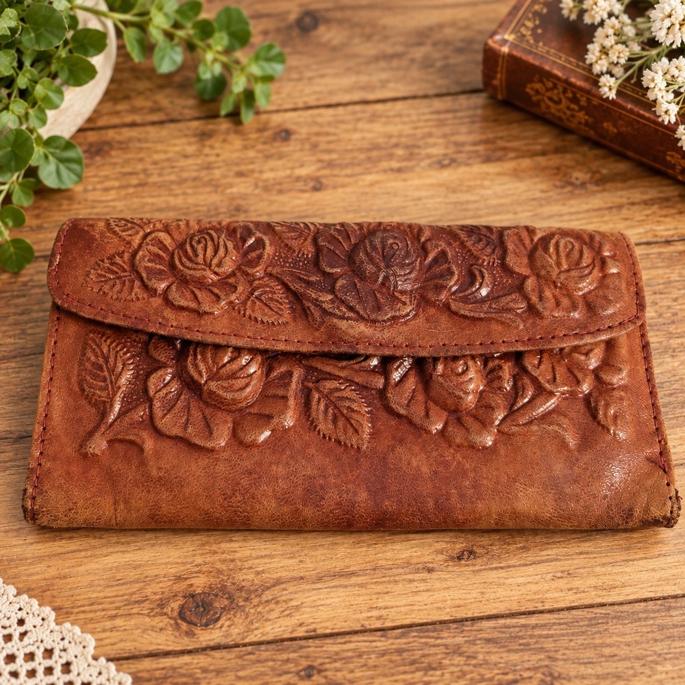 Vintage Hand Tooled Leather Wallet Rose Floral Mexican Pyramid Scene Tan Clutch